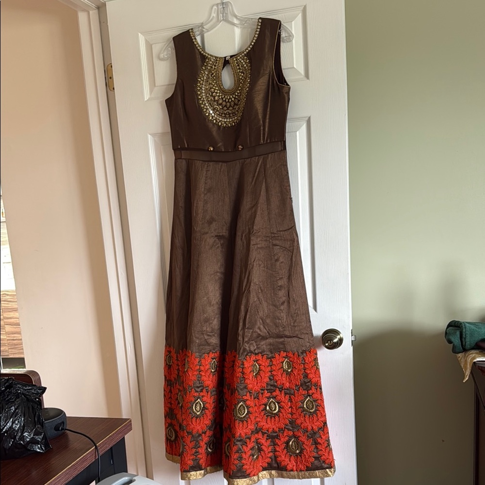 Elegant Brown and Red Embellished Indian Anarkali